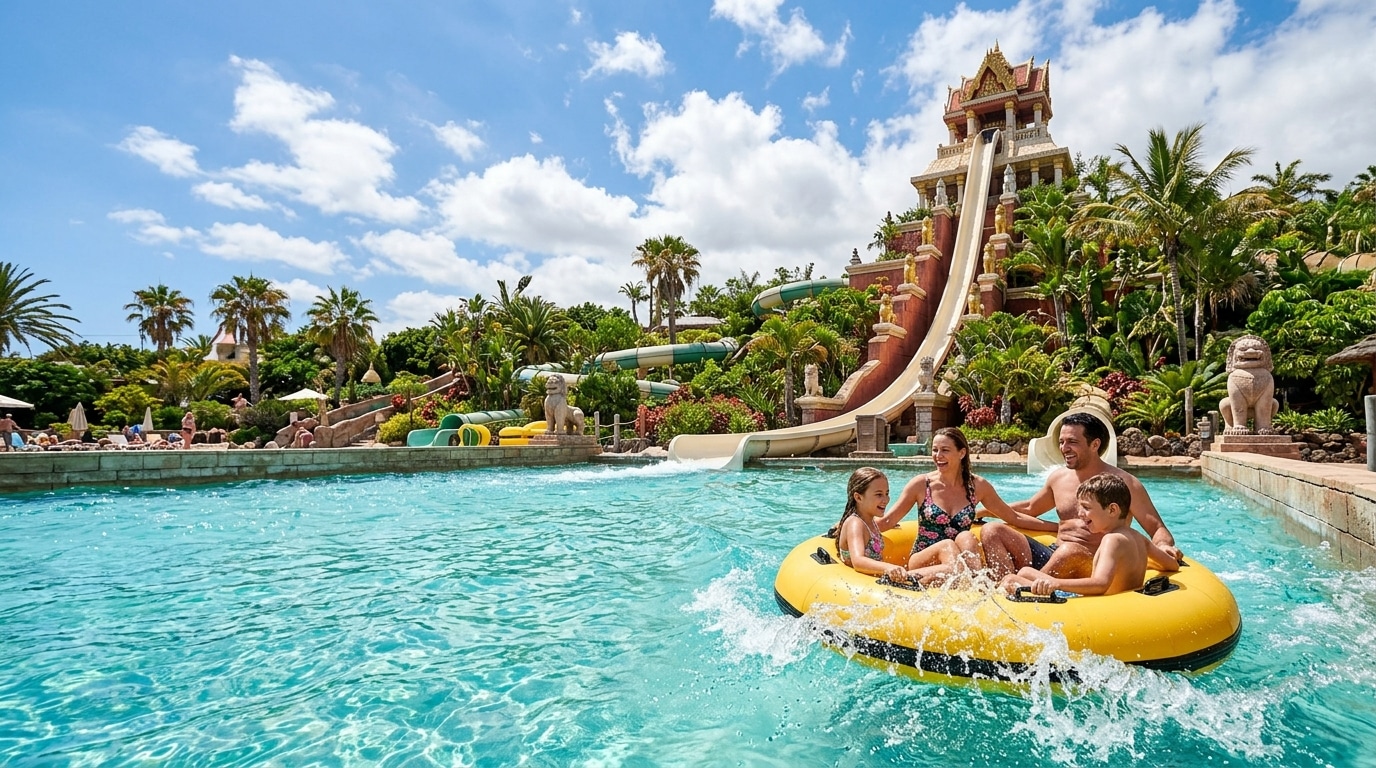 Guests riding Wave Palace, the world's largest artificial wave, at Siam Park Tenerife